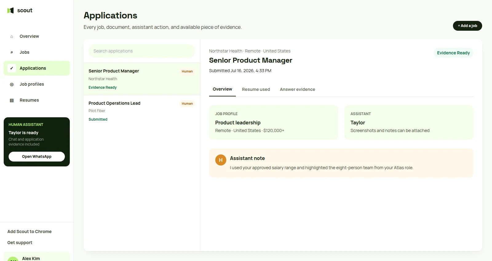 Scout application record showing the Human Assistant, job profile, submission status, and assistant note