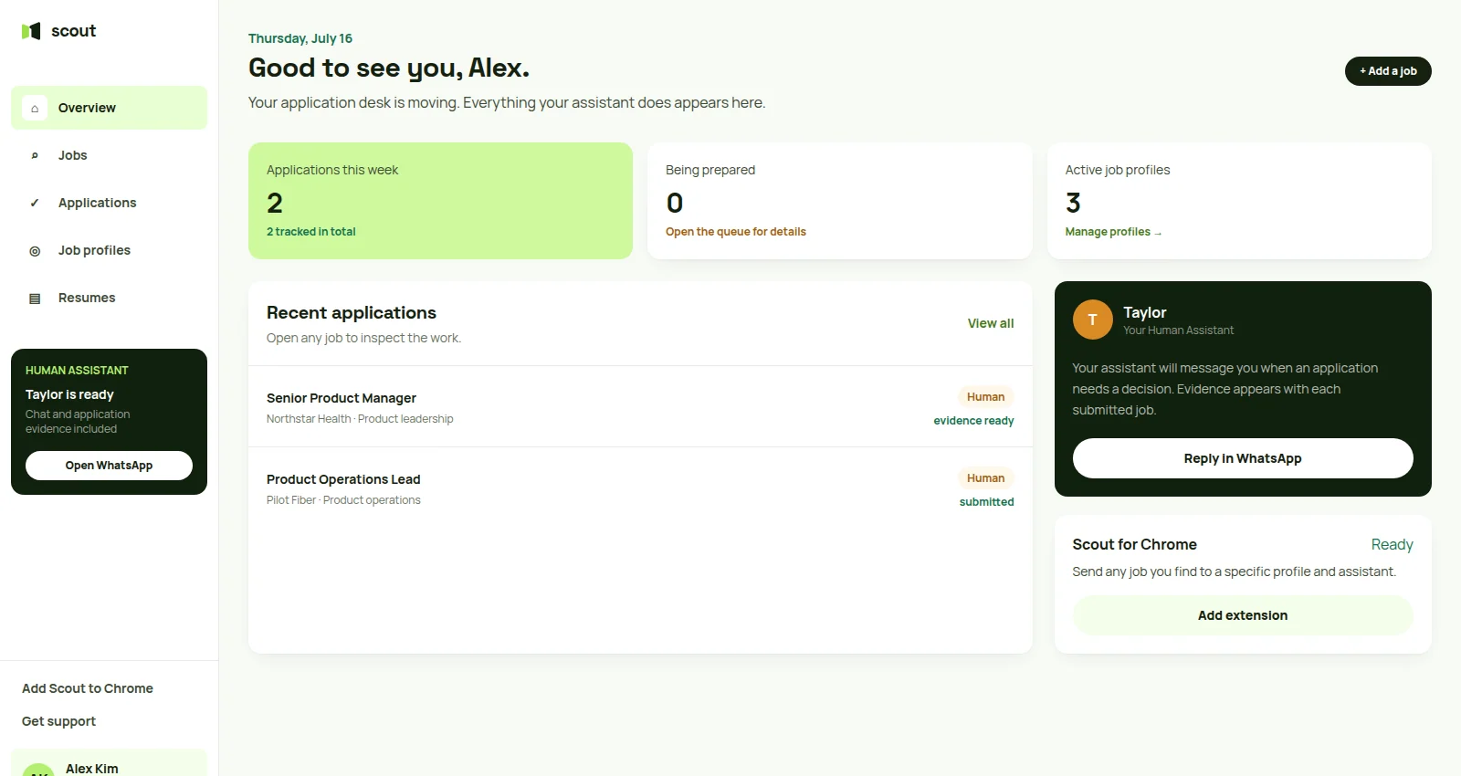 Scout dashboard showing recent applications, active job profiles, assistant status, and application totals