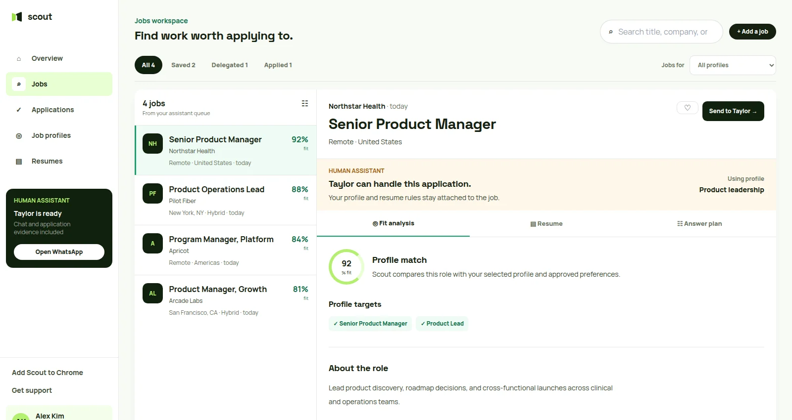 Scout Jobs workspace showing matched roles, fit scores, job profiles, and delegation to a Human Assistant